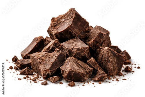 Isolated white background showcasing a cluster of chocolate chunks in detail