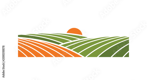 Agricultural landscape, sunset fields, green and orange vector illustration, farming background