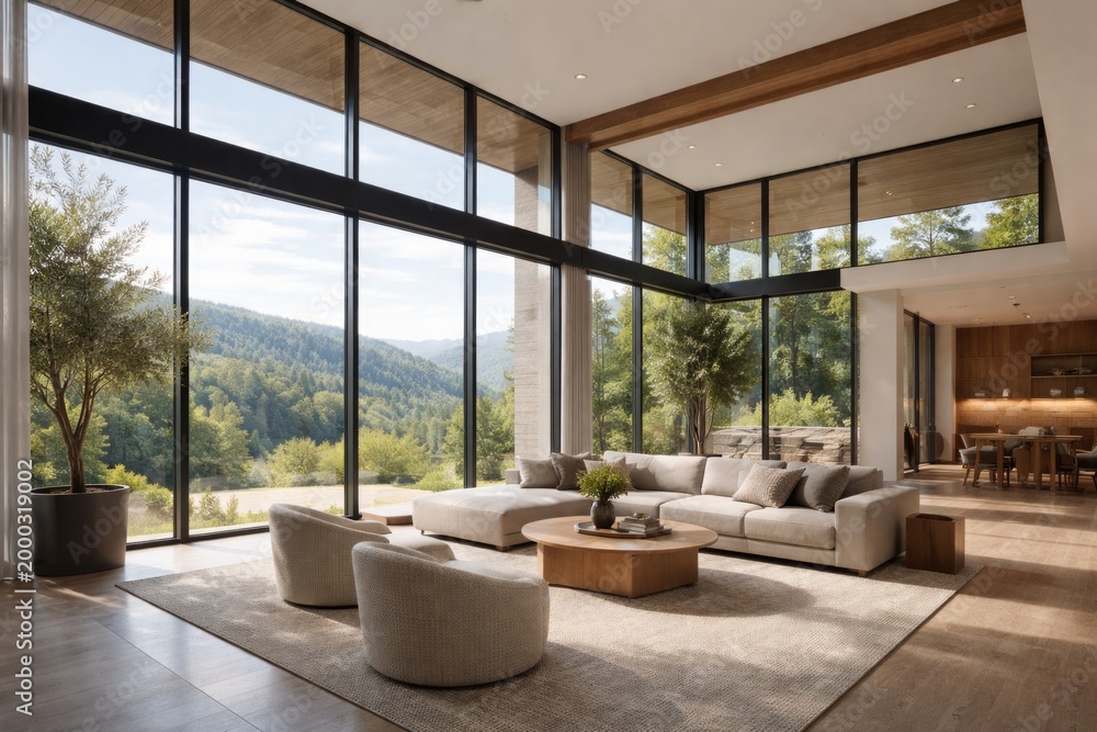 Fototapeta premium Open plan living room design with architectural focus on expansive window installations