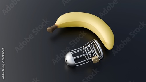 Foto 3d render of a yellow banana placed and a metal cage-style male chastity device