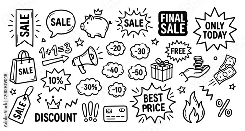 Sale discount doodle set with tag bag megaphone piggy bank money