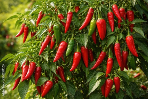 A fruitful plant growing assorted red chili peppers featuring Serrano and Chile de arbol