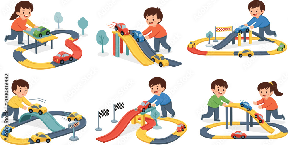Fototapeta premium Kids playing with toy car tracks vector illustration set, children racing miniature cars on colorful road tracks isolated on white background for preschool play, learning activity and childhood fun