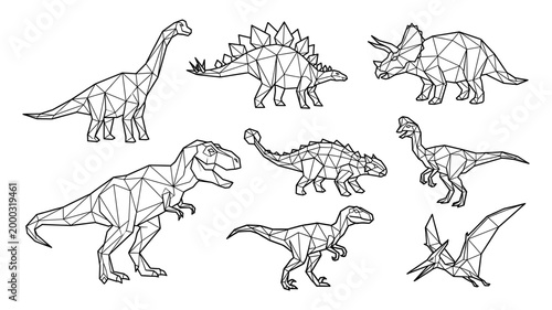 Dinosaur low poly geometric set t-rex triceratops stegosaurus line art