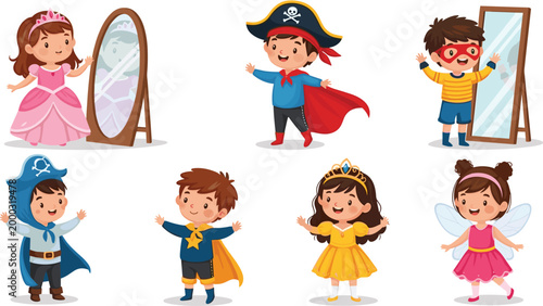 Kids wearing fantasy costumes vector illustration set, children dressed as princess, pirate, superhero and fairy characters isolated for preschool role play, imagination and costume party