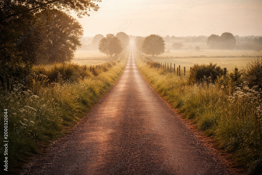 Fototapeta premium long vacant country lane with ample copy space for your text in soft light