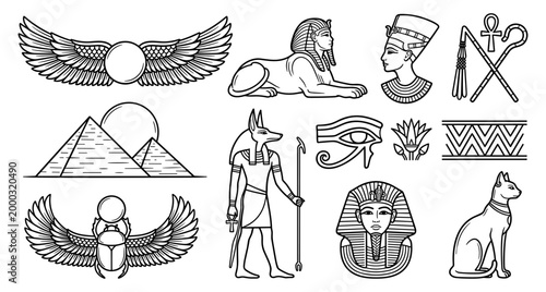 Ancient Egypt element set pharaoh pyramid sphinx anubis linear black