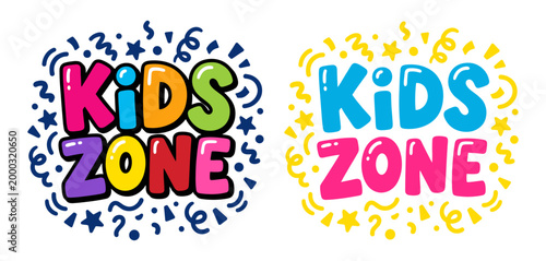 Kids Zone banner label set with bubbly lettering and confetti