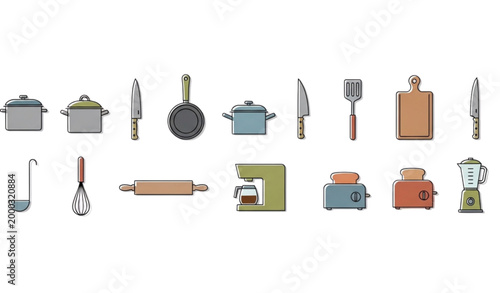 Kitchen utensils and cookware horizontal vector set with cutlery saucepans boards and appliances in clean flat icon style on white background