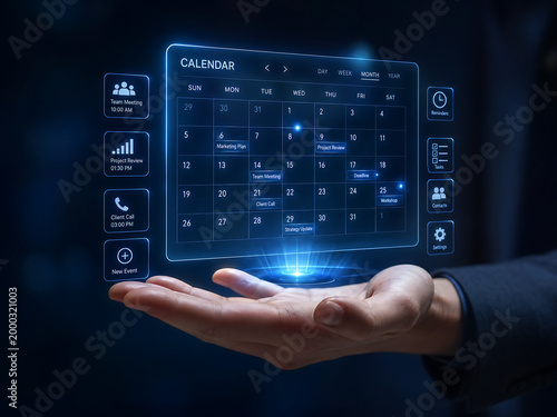 Hand projecting a futuristic calendar interface with task icons and schedule management for business productivity and planning