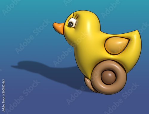 Eine gelbe Ente fährt herum.