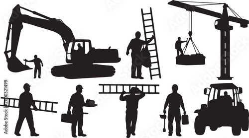 Construction icons, industrial workers, excavator, crane, forklift, silhouette illustrations, 8 icons