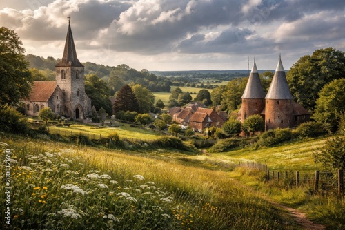 Idyllic rural panorama with a heritage church and traditional oast structures against a cloudy backdrop