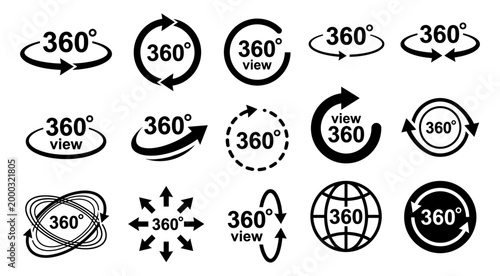 360 degree view icon set with rotation arrow and panorama