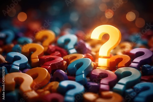 Abstract backdrop showcasing vivid question marks in close up with copy space