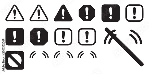 Set of black exclamation mark icons in various shapes and warning symbols with sound wave and forbidden sign.