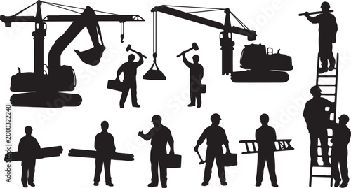 Construction workers, excavators, industrial silhouettes, 12 icons, black and white vector graphics