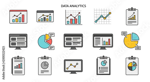 Data Analytics Icons Visualizing Trends and Performance Metrics with Charts and Graphs