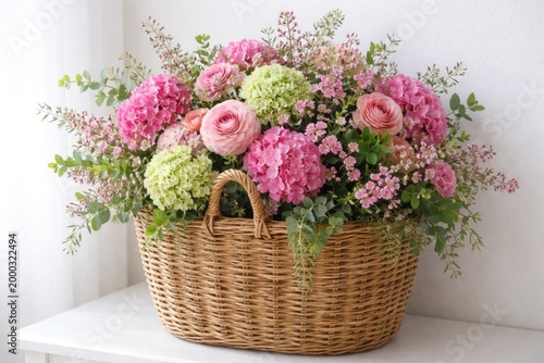 Close perspective of rattan basket filled with vibrant pink and green flowers against plain white wall