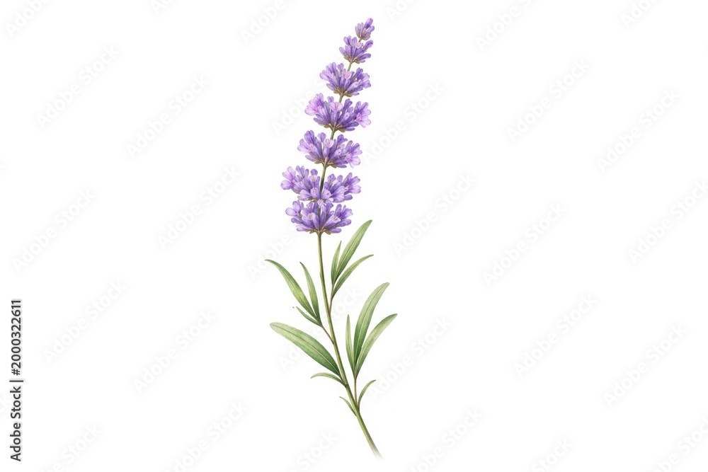 Fototapeta premium Illustrated lavender branch with detailed blossoms against a clean white background for stationery