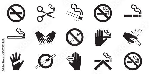 Collection of no smoking signs, cigarette icons, scissors cutting, hand gestures and ash tray symbols for anti smoking campaigns.