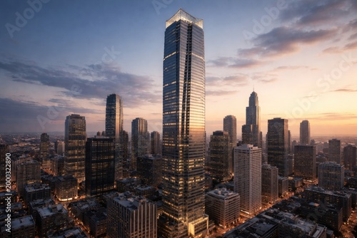 Contemporary tower with multiple windows rising above downtown skyline