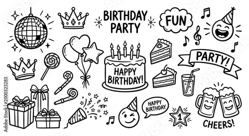 Birthday party doodle set with cake gift balloon and disco ball