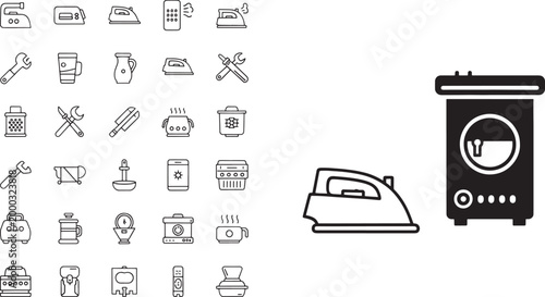 Collection of black and white line for household appliances and tools