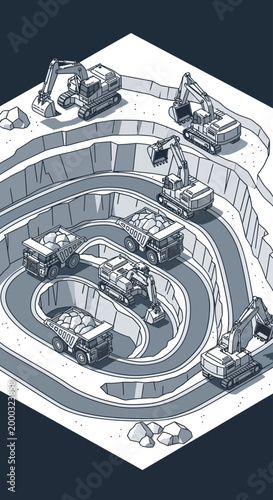 High-quality isometric mining industry illustration featuring coal mining operations with heavy equipment such as excavators, dump trucks, and drilling machines. Clean vector design with solid colors,