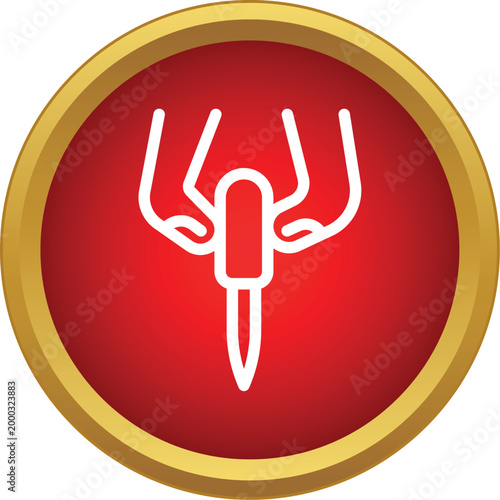 Worker hands holding a jackhammer inside a red circle button icon