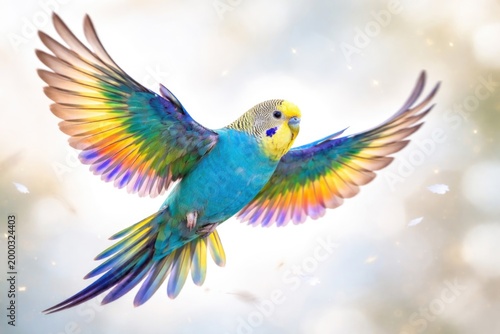 Brightly colored budgerigar bird exhibiting blue rainbow feathers in graceful flight on white