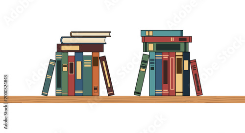 Two stacks of colorful books are arranged on a wooden shelf, with one stack leaning unevenly.
