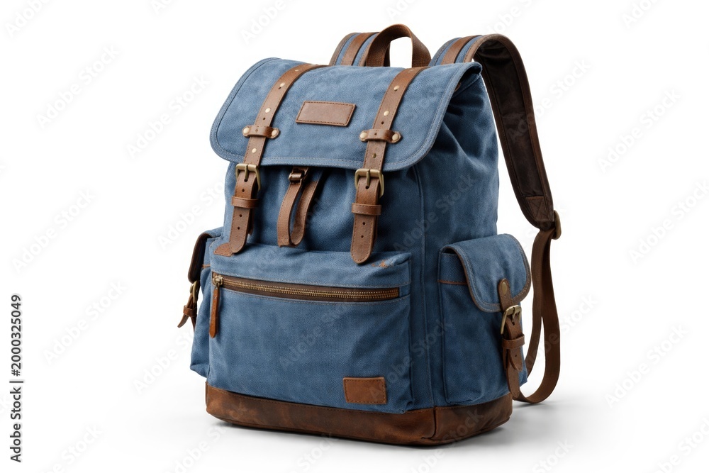 Naklejka premium Hipster blue canvas backpack displayed on clean white background