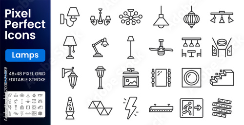 Lighting, interior lamp line icons set. Chandelier, ceiling fan, vanity mirror, LED strip, emergency exit flat minimal vector illustrations. Simple outline signs. 48x48 Pixel Perfect. Editable Stroke