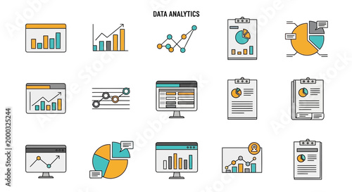 Digital data analysis and reporting icon set, featuring charts, graphs, and statistical visualization tools for modern business insights