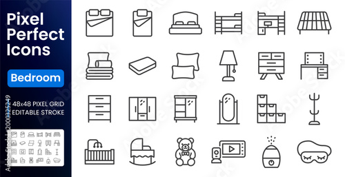 Bedroom, nursery furniture line icons set. Bunk bed, crib, wardrobe, dresser, mirror, pillow, mattress flat minimal vector illustrations. Simple outline signs. 48x48 Pixel Perfect. Editable Stroke