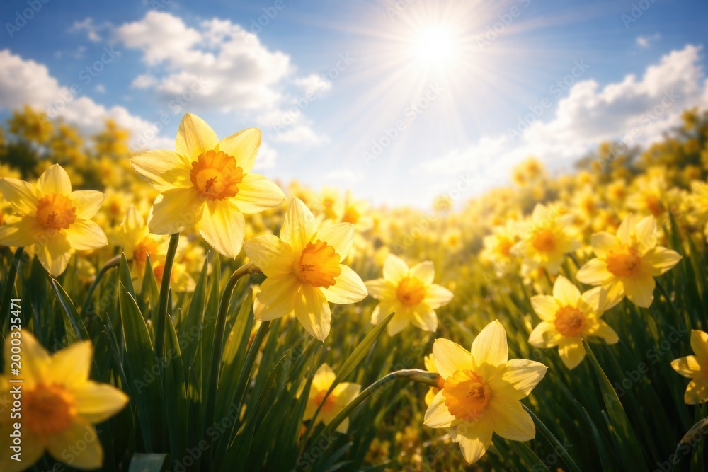 Fototapeta premium Daffodils glowing brightly beneath radiant sunlight with expansive blue sky