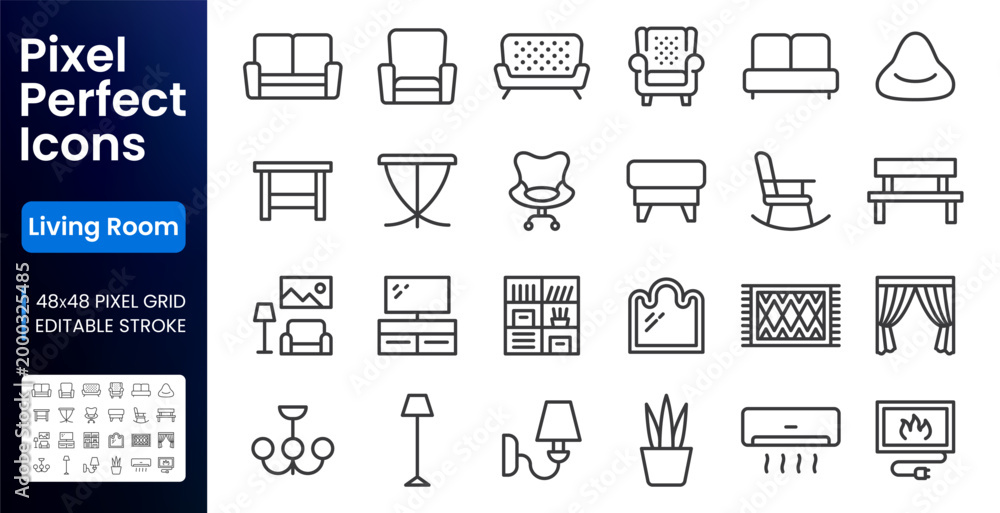 Fototapeta premium Living room furniture line icons set. Sofa, leather armchair, fireplace, bookshelf, curtains, TV stand, rug flat minimal vector illustrations. Simple outline signs. 48x48 Pixel Perfect Editable Stroke