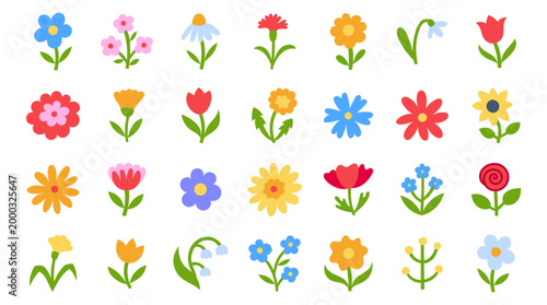 Flat vector flower icon set, naive Scandinavian folk art. Colorful collection of hand drawn field blossom - rose, tulip, sunflower, daisy, poppy. Simple illustrations floral decor, botanical elements