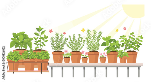 Various potted herb and plant varieties are arranged on a shelf under bright sunlight, casting long shadows and featuring small colorful flowers.