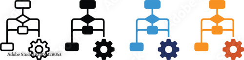 AI automation workflow vector icon set with process nodes and gear symbols in black, blue and orange flat style, editable artificial intelligence process icons for tech dashboards and business apps