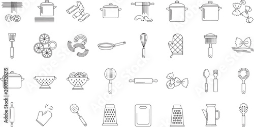 Collection of black line for cooking and pasta preparation kitchen