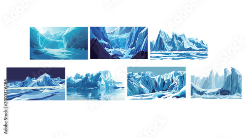 Majestic glacier vector rendering with deep blue ice and frozen landscape, featuring cold arctic scenery, crystal textures, icy mountains and dramatic natural winter environment