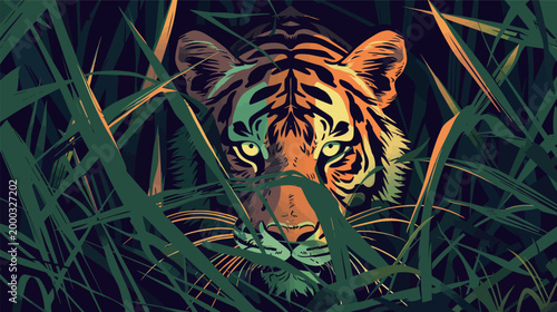 Vector artwork of a powerful tiger stalking through tall grass illustration fierce wildlife predator jungle scene dynamic minimal design
