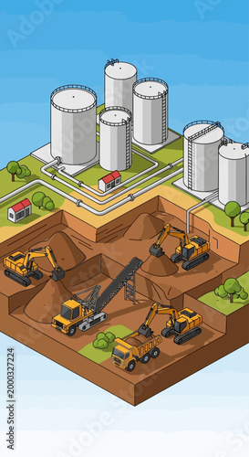 High-quality isometric mining industry illustration featuring coal mining operations with heavy equipment such as excavators, dump trucks, and drilling machines. Clean vector design with solid colors,