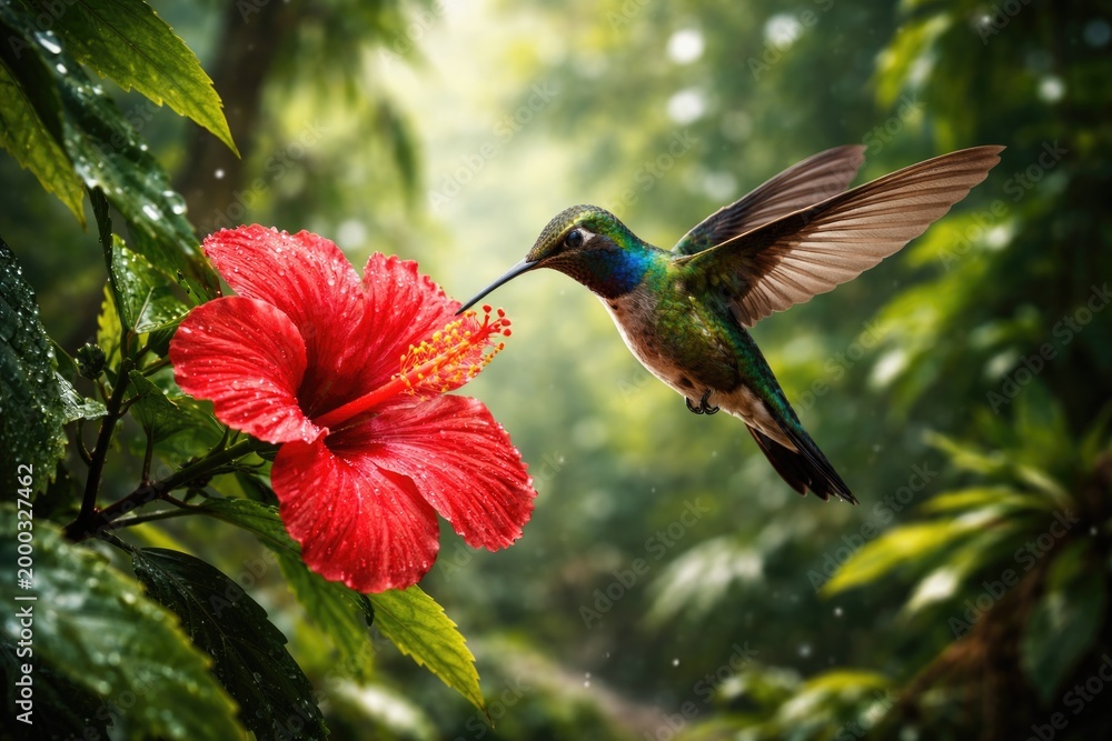 Fototapeta premium Hovering hummingbird in a dense tropical forest with a radiant red flower