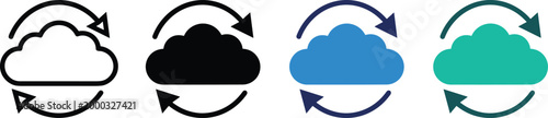 Cloud synchronization vector icon set with circular arrows in black, blue and green flat style, editable cloud sync and data refresh symbols collection for apps, SaaS platforms and IT dashboards