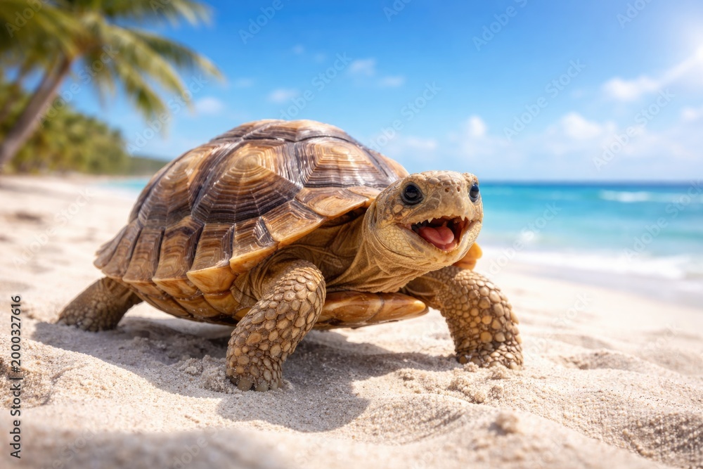 Obraz premium Cheerful turtle pet walking on fine white sand under clear summer skies