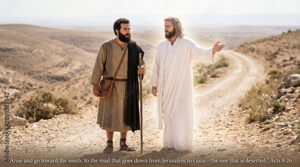 Naklejka premium Angel appearing to Philip on the road to Gaza. Biblical scene from Acts 8 where a divine messenger instructs the disciple to travel south. Religious art illustrating a miracle of faith.