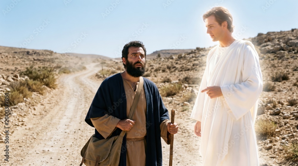 Fototapeta premium Angel appearing to Philip the Evangelist on the desert road. Biblical scene from Acts 8 where a glowing messenger directs an apostle. Spiritual guidance and divine revelation concept.